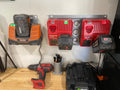 Elevate Metalcraft double charger wall mount plate with ridged design, compatible with Milwaukee and DeWalt tools for van or truck shop.