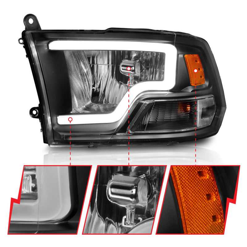 ANZO 2009-2018 Dodge Ram 1500 Crystal Headlights w/ Light Bar Black Housing 111515