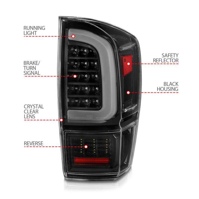 ANZO 16-21 Toyota Tacoma LED Tail Lights - w/ Light Bar Sequential Black Housing & Clear Lens 311400