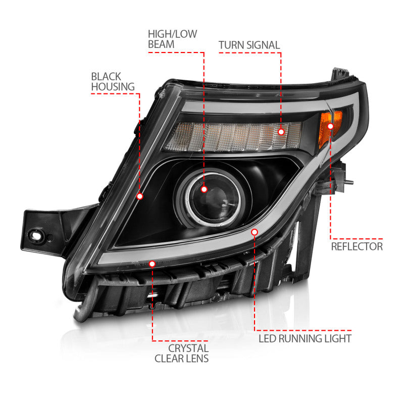 ANZO 11-15 Ford Explorer (w/Factory Halogen HL Only) Projector Headlights w/Light Bar Black Housing 111575