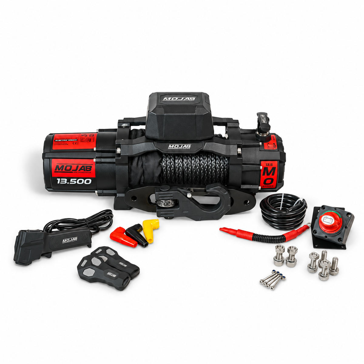 MOJAB OFFROAD MOJAB MO13.5 Series 13,500 lb electric winch with steel cable and rugged metal housing for off-road recovery.