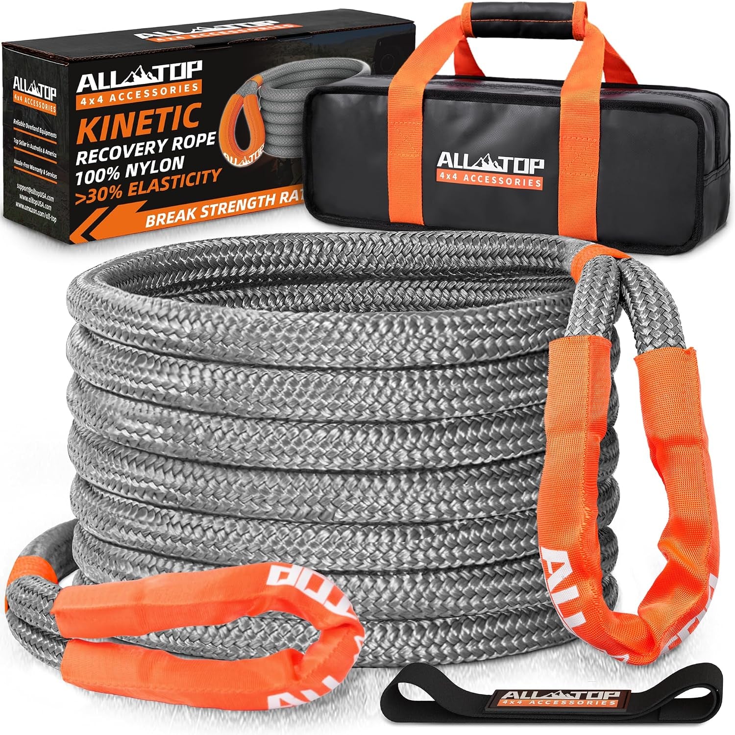 Gray 4XNation Kinetic Recovery Rope, 30ft, 48,000lbs capacity, heavy-duty with 30% elasticity for off-road vehicle recovery.
