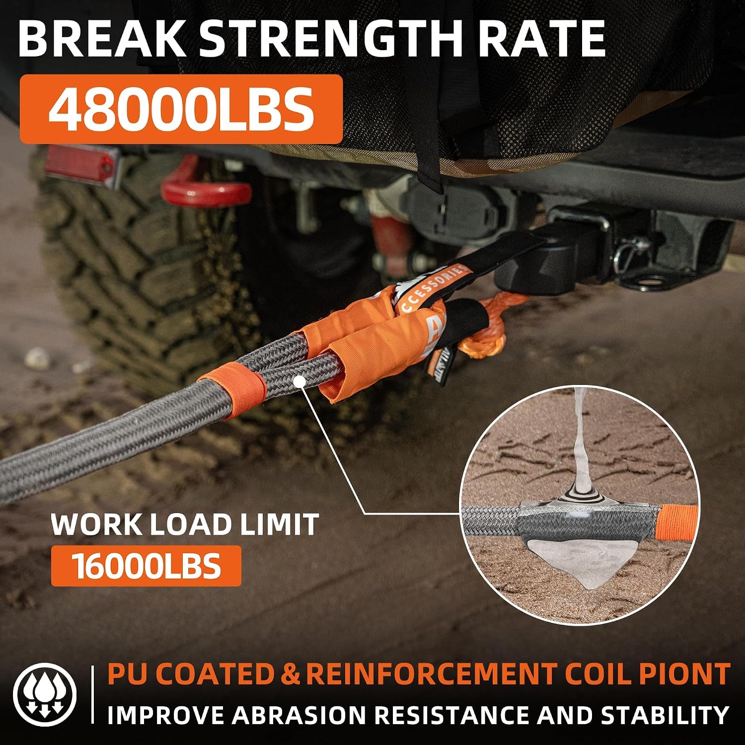 Gray Kinetic Recovery Rope by 4XNation, 1 inch x 30 feet, heavy-duty offroad recovery rope with 48,000 lbs tensile strength.
