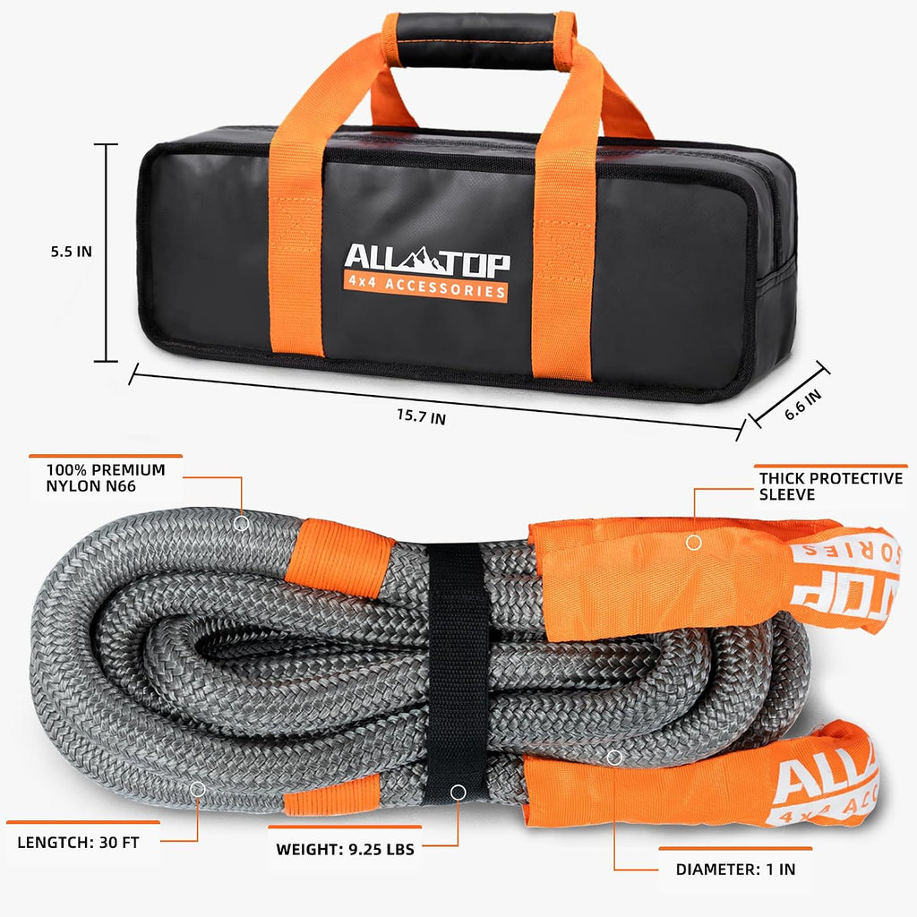 Gray 4XNation Kinetic Recovery Rope, 30ft, 48,000 lbs capacity, heavy-duty with 30% elasticity for 4x4 off-road vehicles.