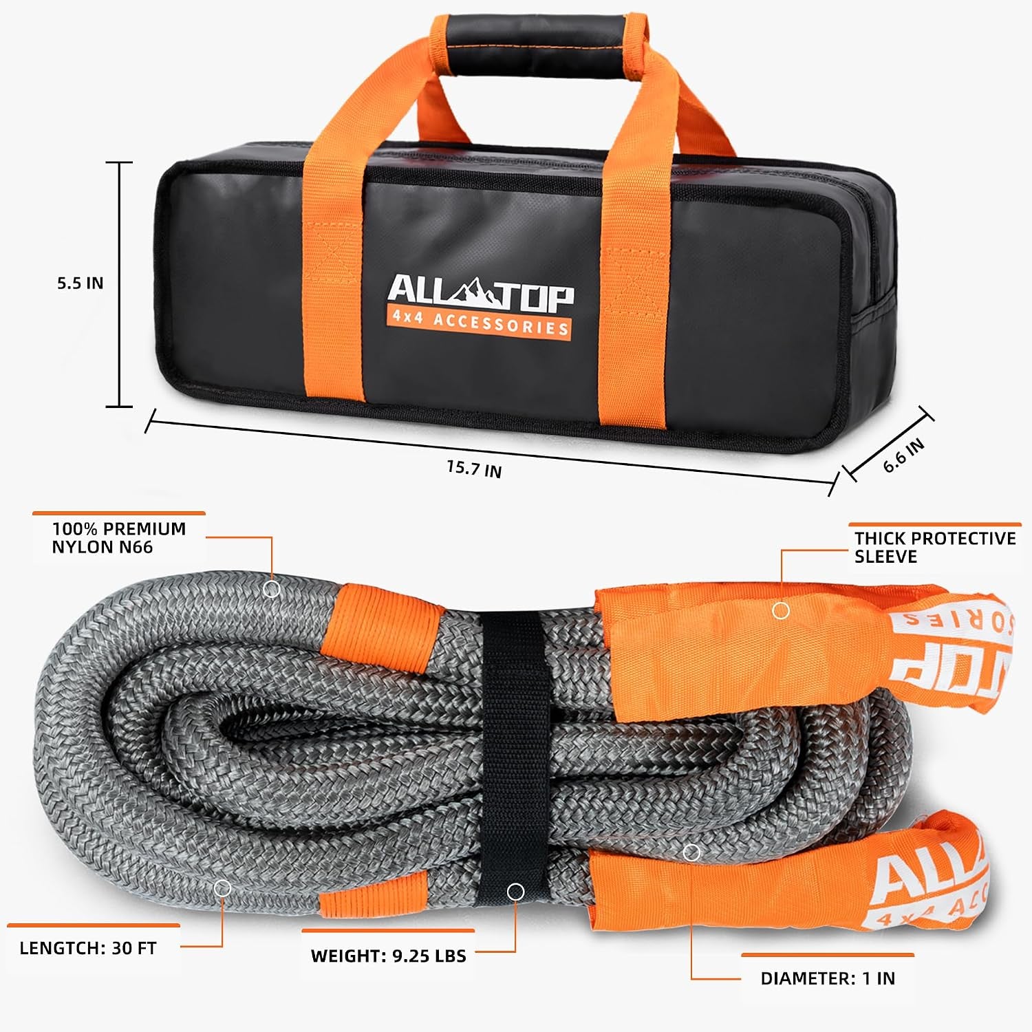 Gray 4XNation Kinetic Recovery Rope, 30ft, 48,000 lbs capacity, heavy-duty with 30% elasticity for 4x4 off-road vehicles.