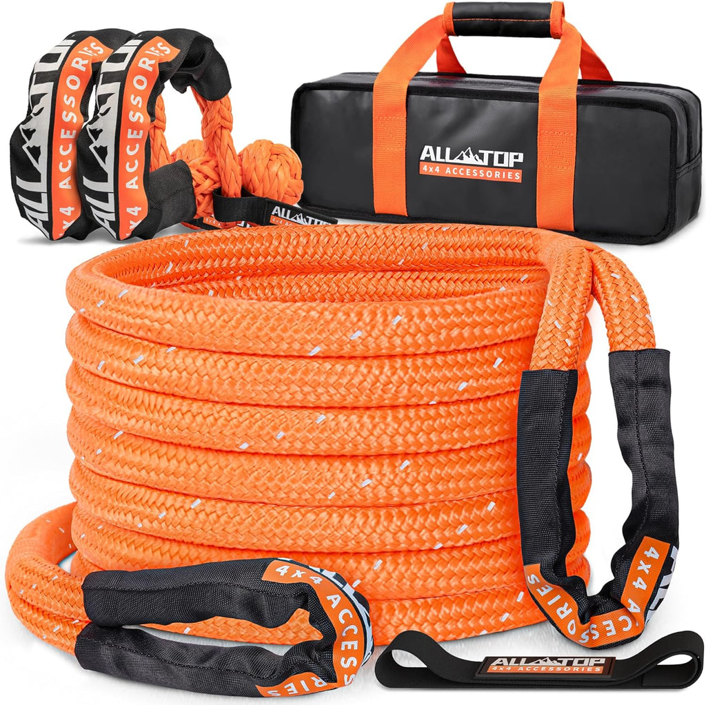 4XNation reflective kinetic rope kit with soft shackles, heavy-duty 30ft, 48,000 lbs capacity, high elasticity for towing or recovery.