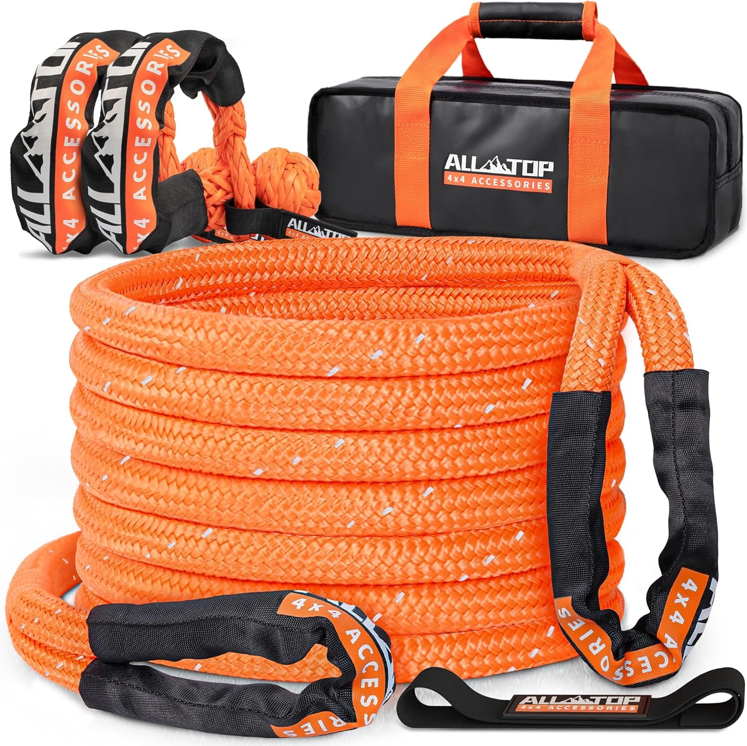 4XNation reflective kinetic rope kit with soft shackles, heavy-duty 30ft, 48,000 lbs capacity, high elasticity for towing or recovery.