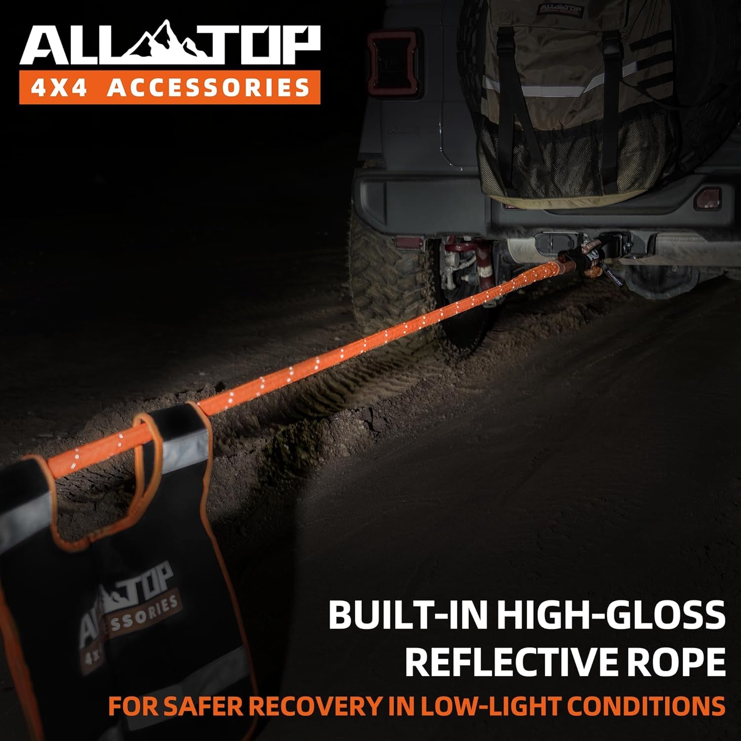 Reflective 4XNation Kinetic Rope Kit with 2 soft shackles, heavy-duty 30ft, 48,000 lbs capacity, orange color, high elasticity.