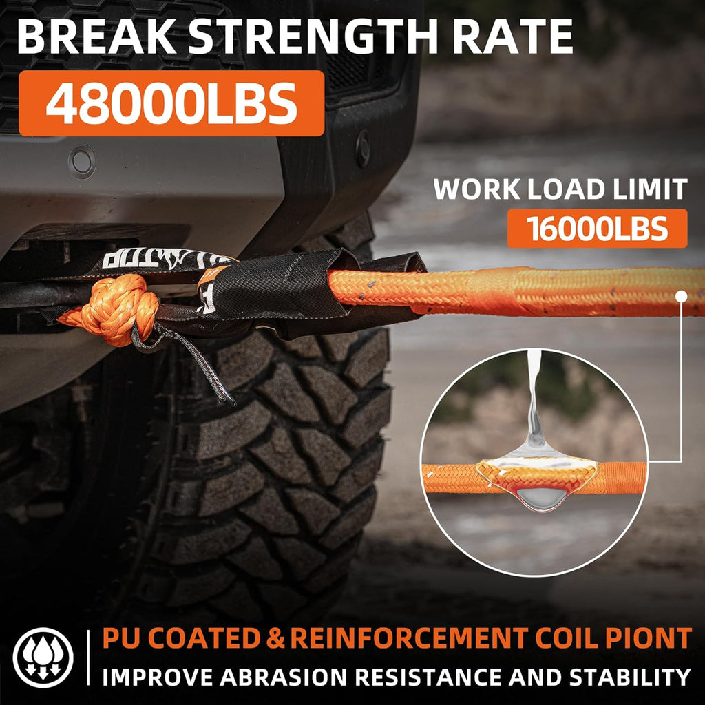 Reflective 4XNation Kinetic Rope Kit with two soft shackles, 30 ft heavy-duty, 48,000 lbs capacity, orange color.