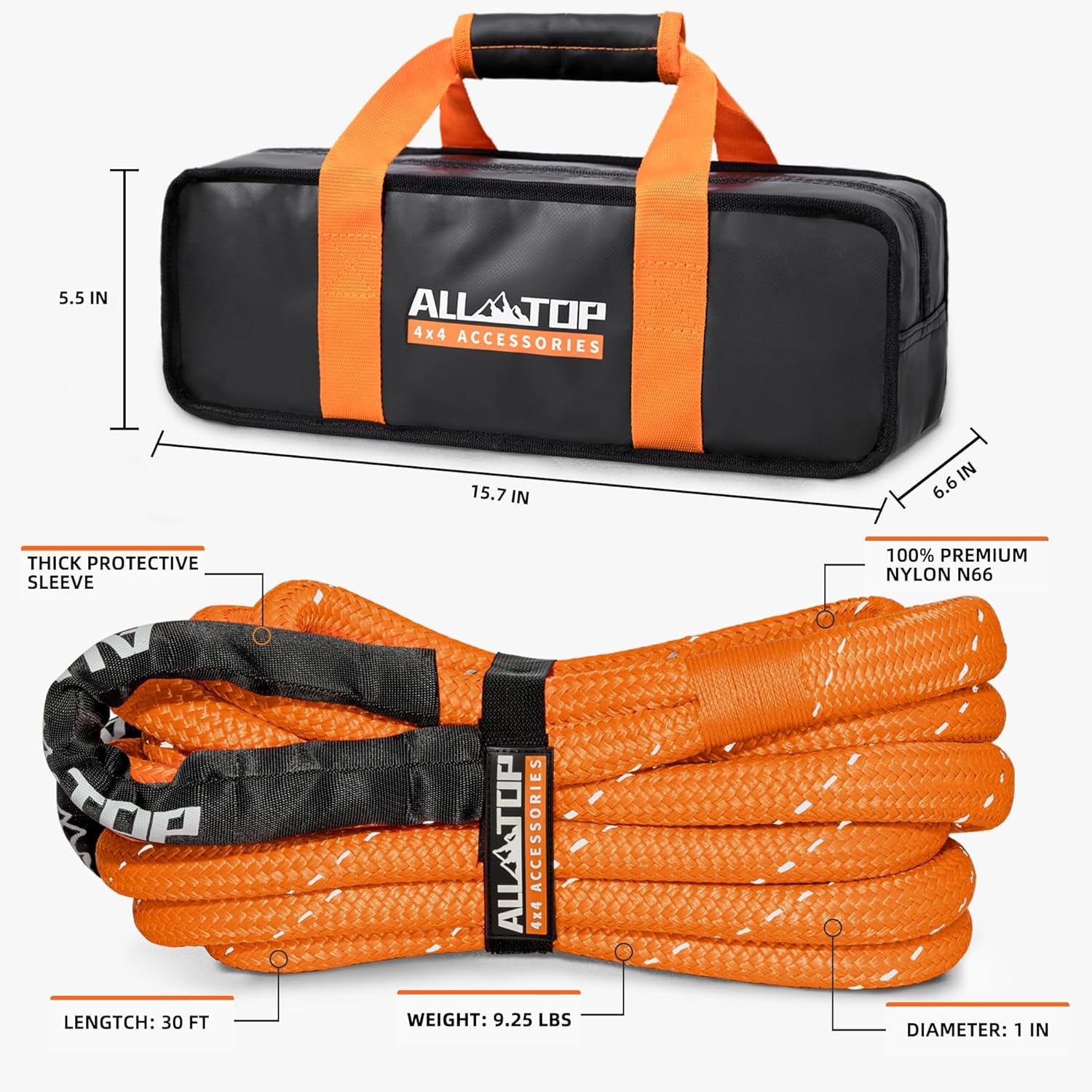4XNation Kinetic Rope Kit with 2 soft shackles, 30 ft, reflective orange, heavy-duty, 48000 lbs capacity, elastic design, 16000 lbs WLL