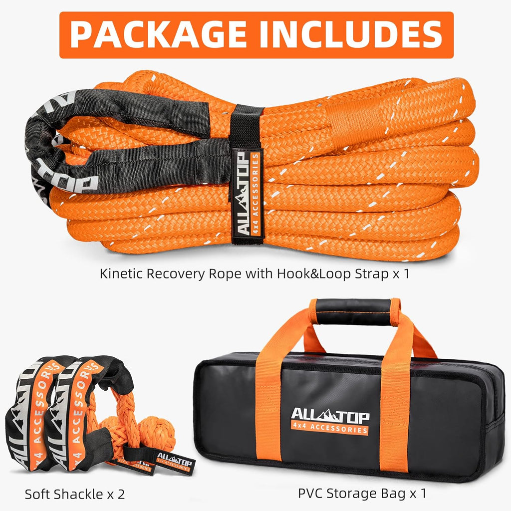 4XNation reflective kinetic rope kit with soft shackles, heavy-duty 30ft, 48000 lbs capacity, high elasticity, suitable for recovery.