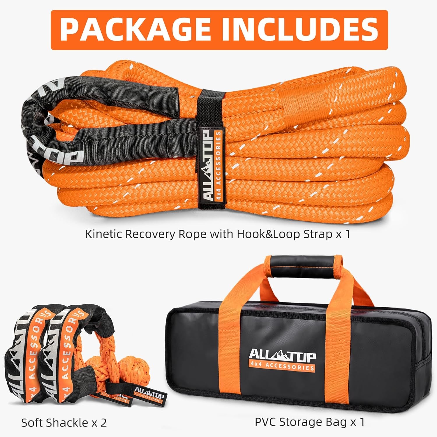4XNation reflective kinetic rope kit with soft shackles, heavy-duty 30ft, 48000 lbs capacity, high elasticity, suitable for recovery.