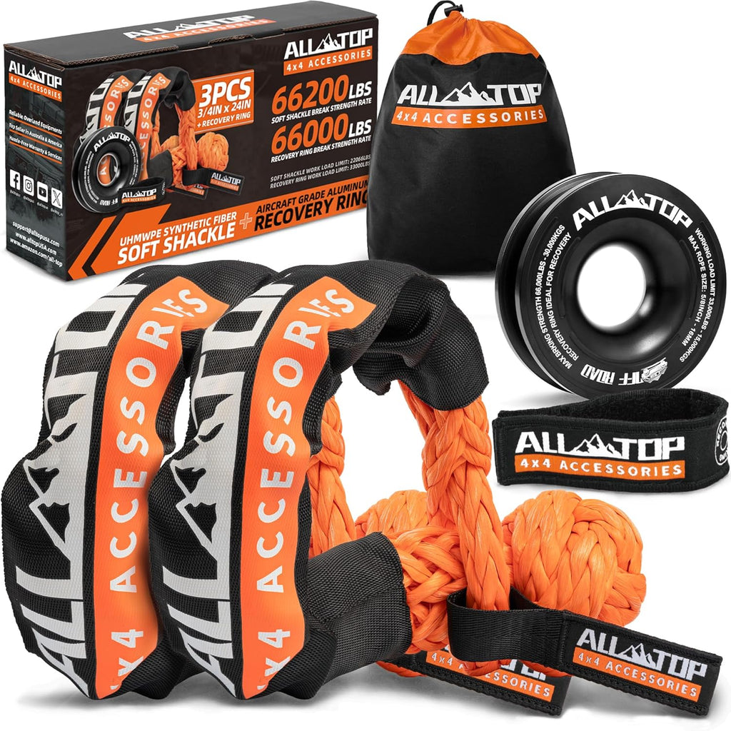 Black synthetic soft shackle and recovery ring kit with two shackles and a snatch pulley ring for winch tackle systems.