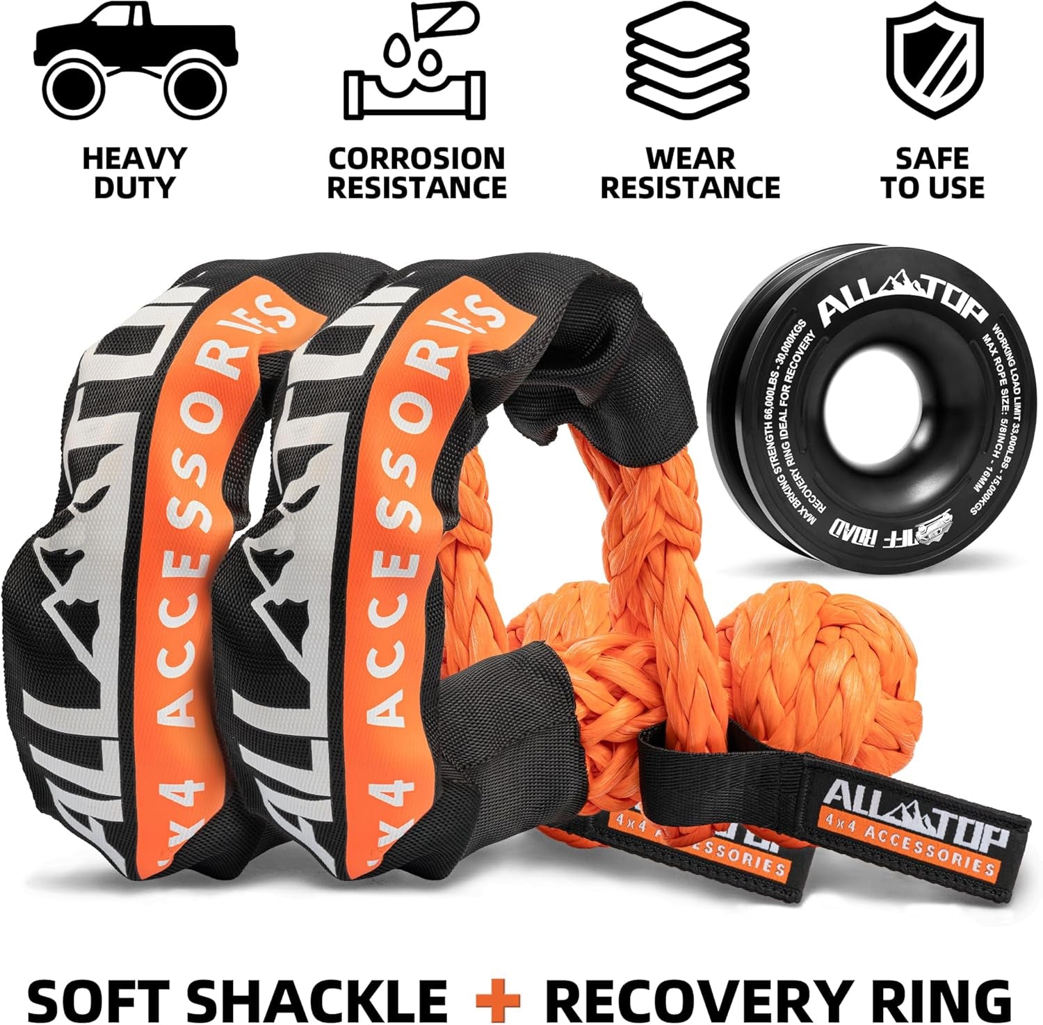 4XNation synthetic soft shackle and recovery ring kit with two 3/4 inch shackles and a snatch pulley ring for winch systems.