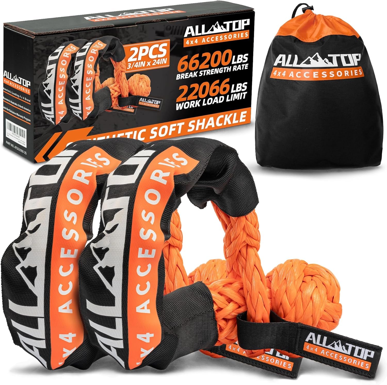 Pair of 4XNation synthetic soft shackle ropes, 3/4 inch by 24 inches, for offroad vehicle recovery, max break 66,200 lbs.