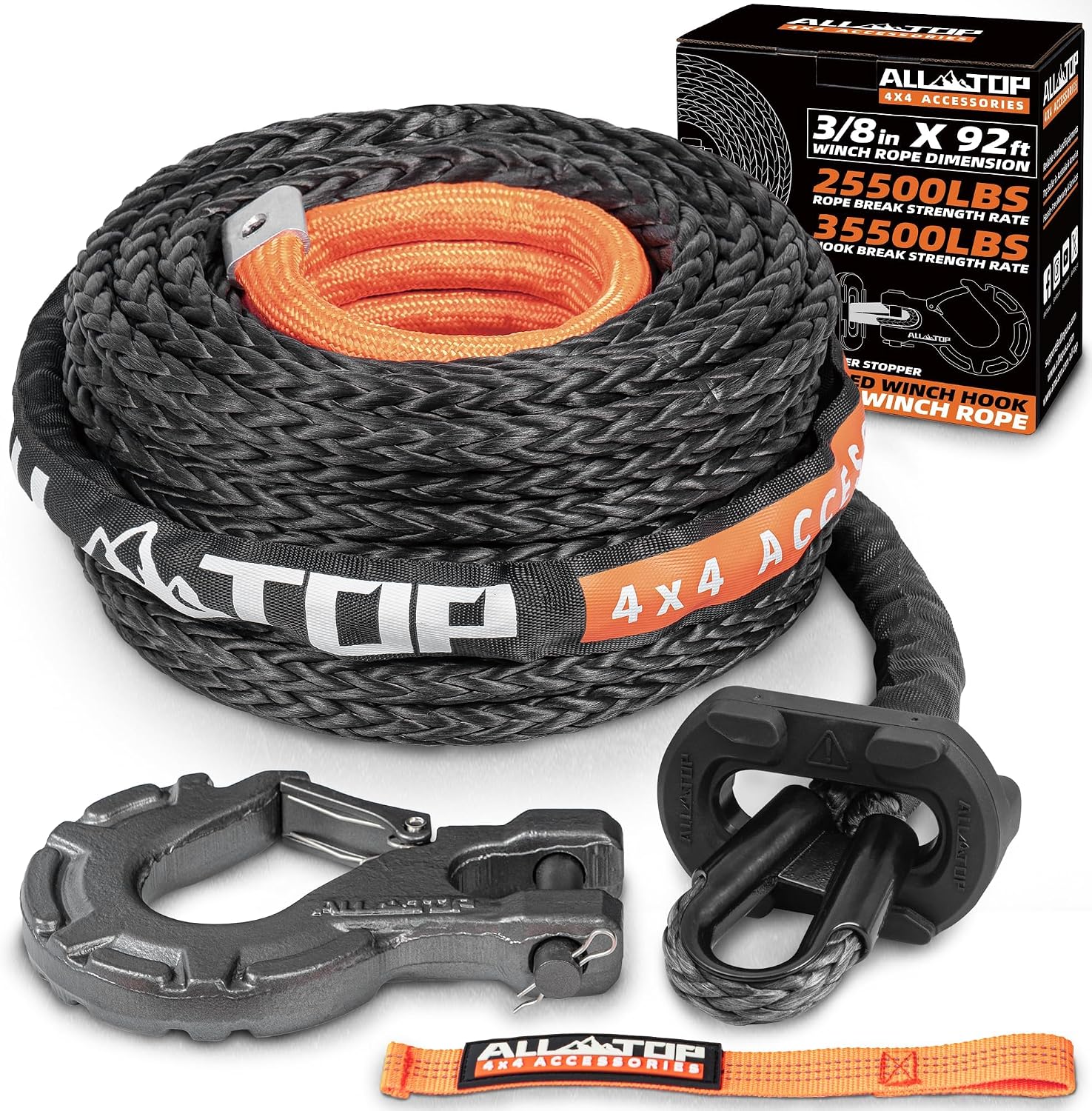 4XNation synthetic winch rope with hook, isolator, and safety strap, 3/8 inch x 92 ft, 25,500 lbs capacity for trucks and SUVs.