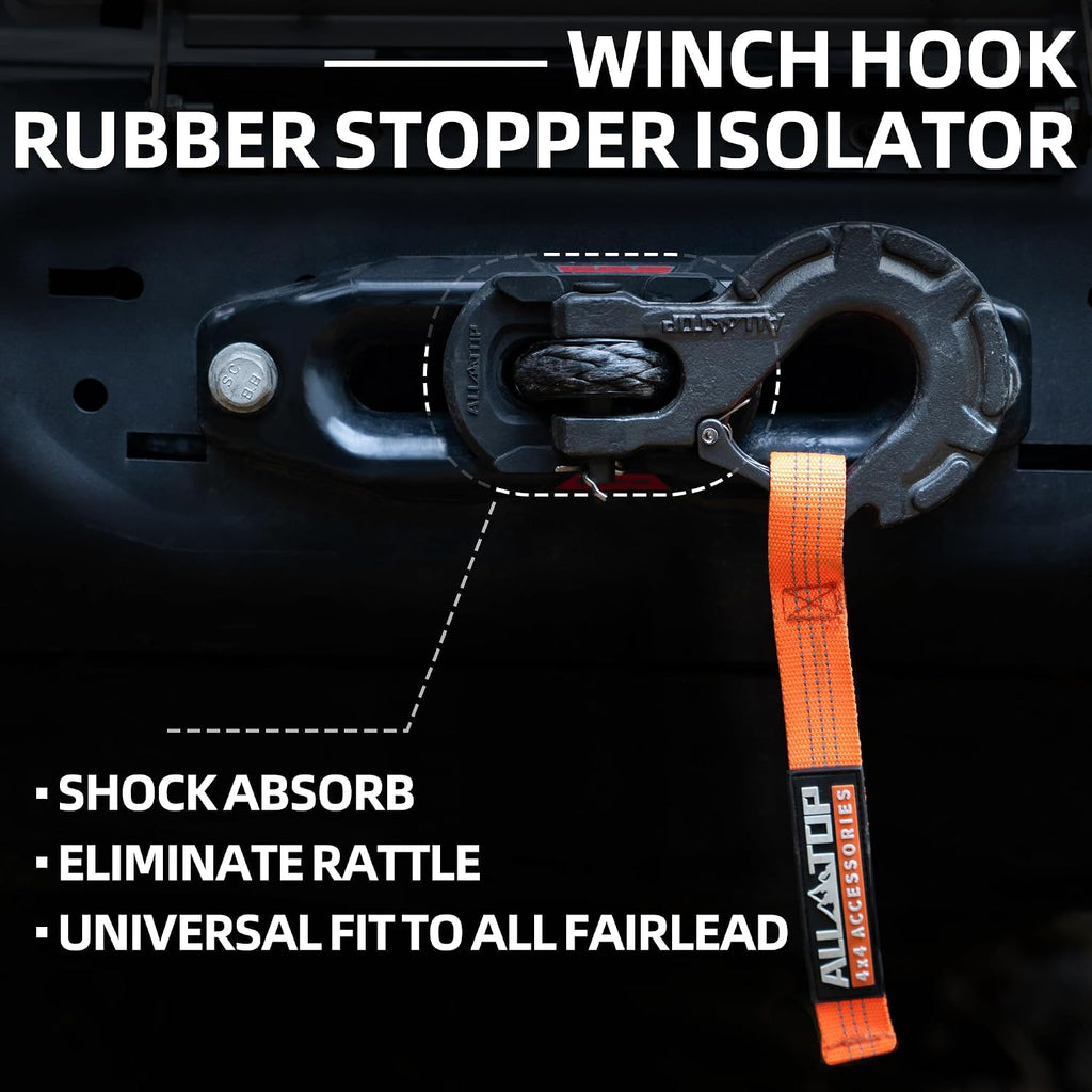 Gray synthetic winch rope with hook, isolator, rubber stopper, and safety pull strap for 4XNation 92ft, 25500lbs capacity.