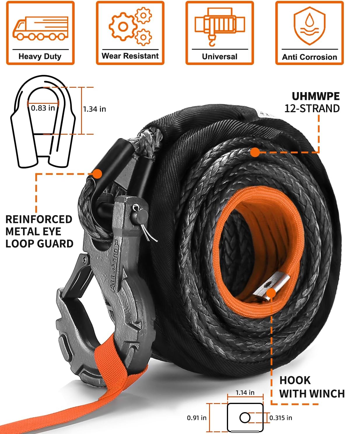 Synthetic winch rope with hook, isolator, and safety strap, 3/8 inch x 92 feet, 25,500 lbs capacity, gray UHMWPE cable for trucks.