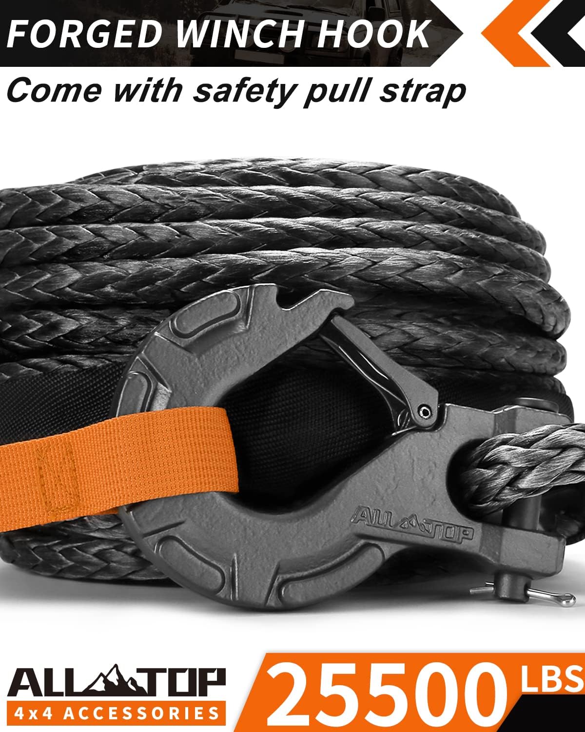 Synthetic winch rope with forged hook, isolator, and safety strap, 3/8 inch x 92 ft, rated for 25,500 lbs, gray UHMWPE cable.