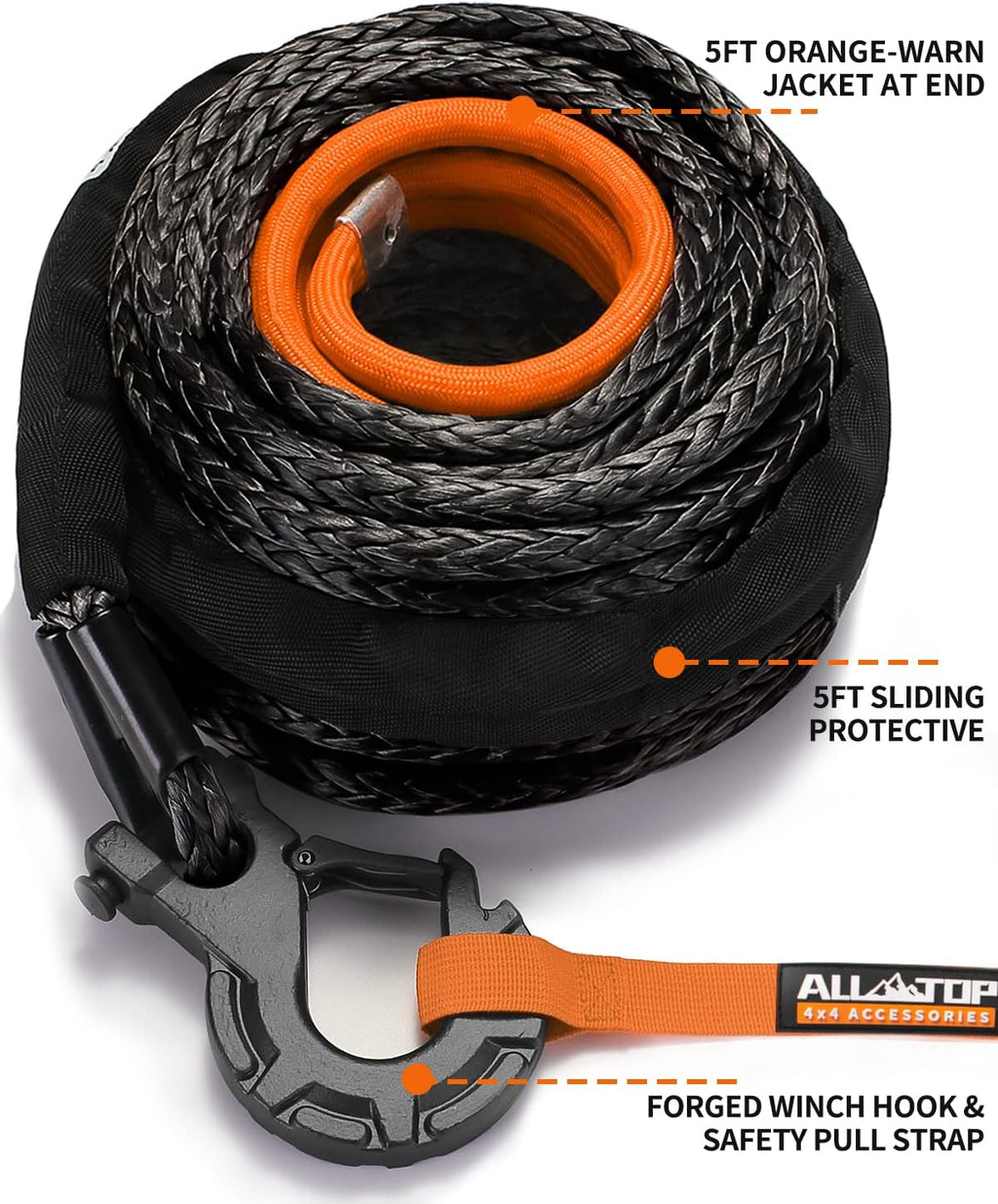 Synthetic winch rope with forged hook, isolator, rubber stopper, and safety pull strap for 4XNation 92ft, 25,500 lbs capacity.