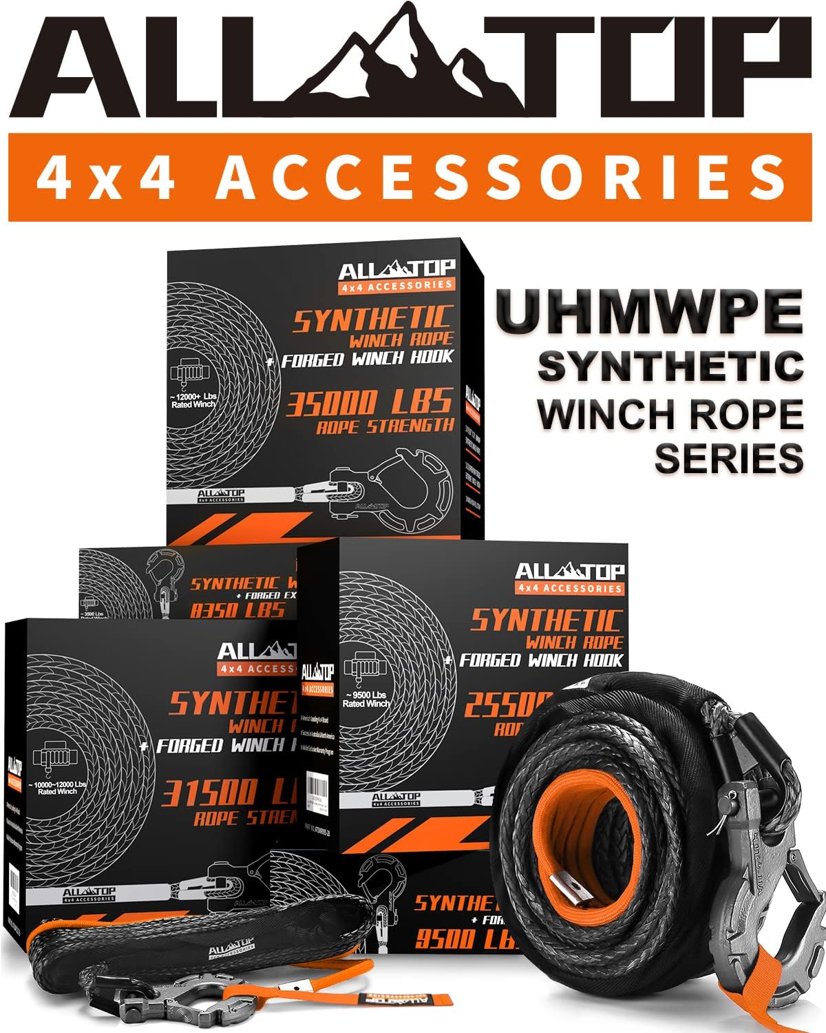 4XNation synthetic winch rope with hook, isolator, rubber stopper, and safety strap, 3/8 inch x 92 ft, 25,500 lbs capacity.