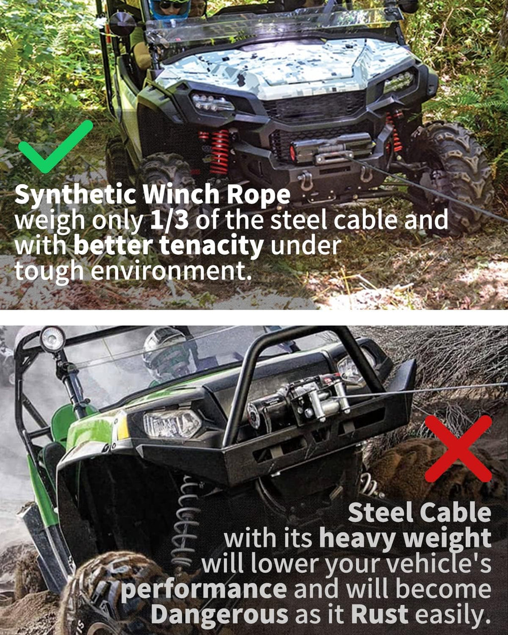 Synthetic winch rope with forged hook, isolator, rubber stopper, and safety pull strap for 92ft, 25,500 lbs capacity on trucks and SUVs.