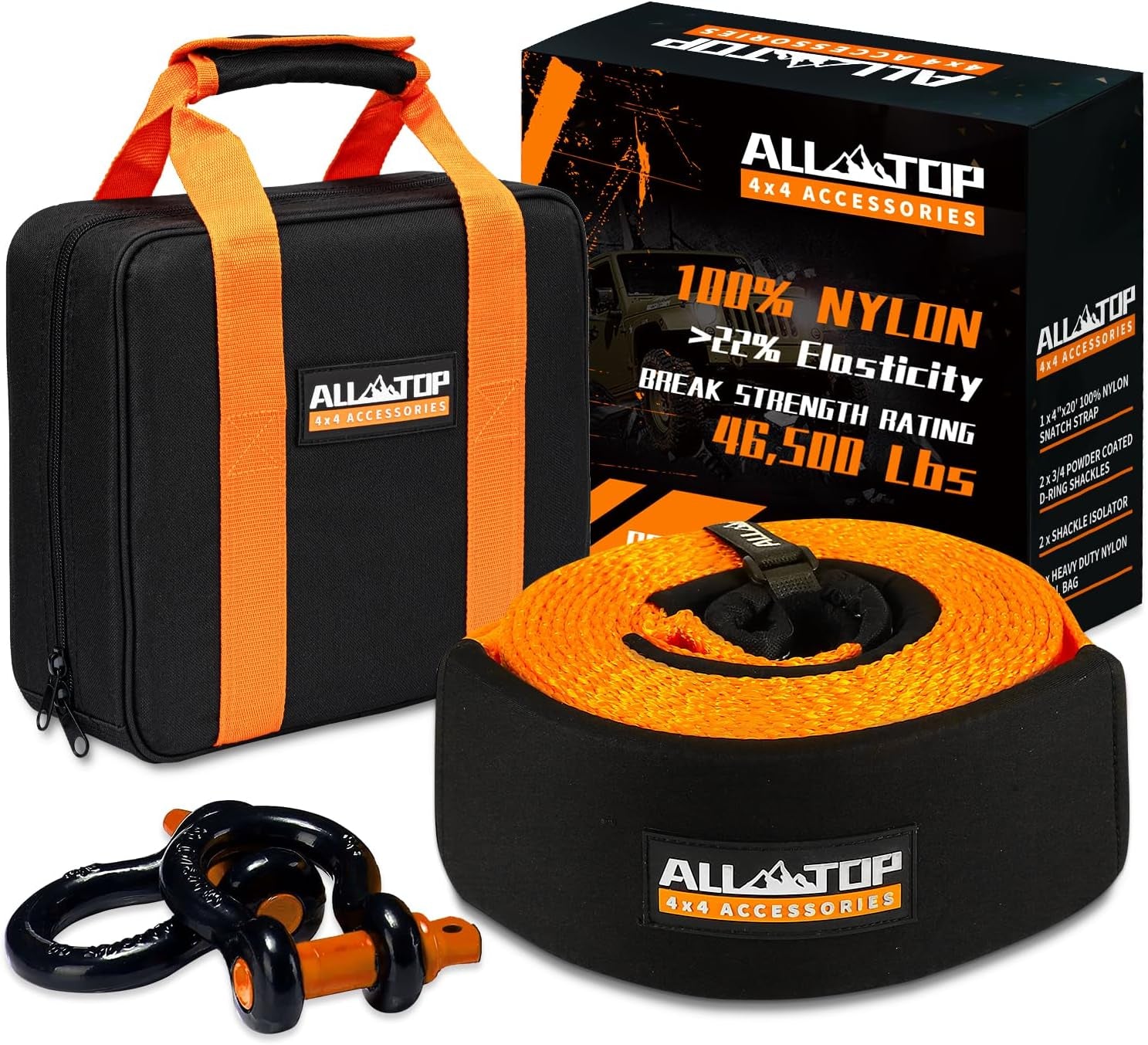 Extreme Duty Tow Strap Recovery Kit with 4-inch x 20-foot nylon strap, heavy-duty D-ring shackles, and storage bag.