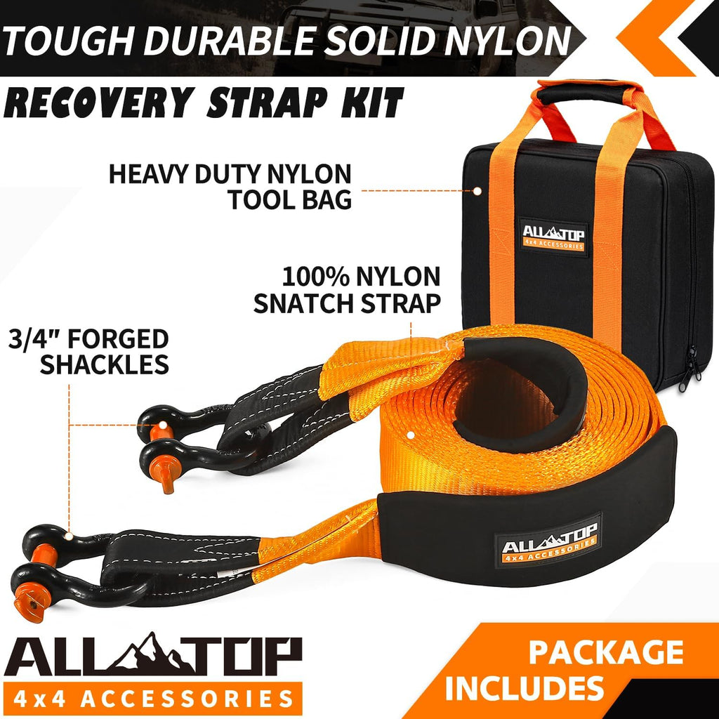 Extreme Duty Tow Strap Recovery Kit by 4XNation, 20ft nylon snatch strap with shackles and storage bag for vehicle recovery.
