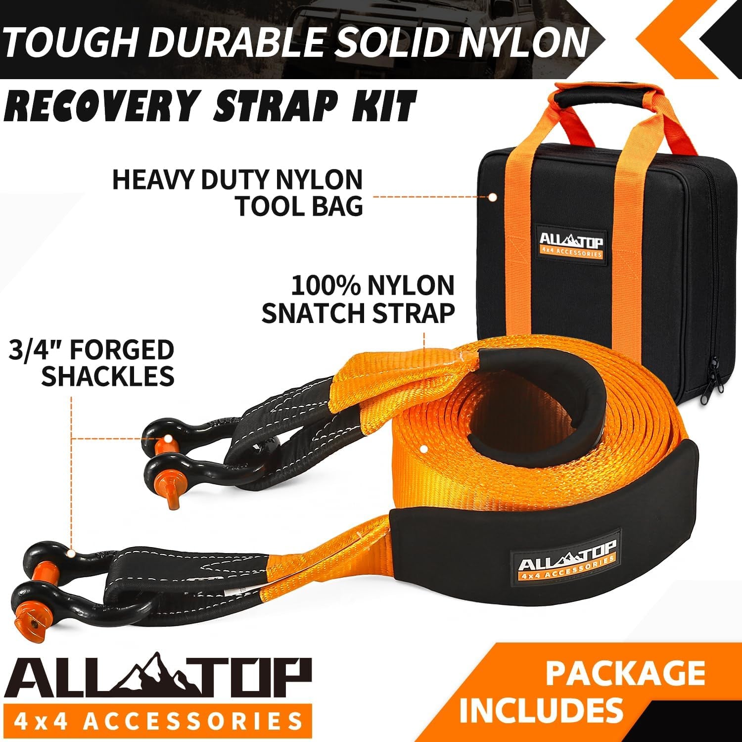 Extreme Duty Tow Strap Recovery Kit by 4XNation, 20ft nylon snatch strap with shackles and storage bag for vehicle recovery.