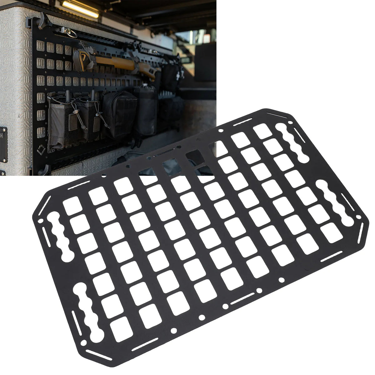 Aluminum alloy truck bed Molle panel with multiple L-track slots for car, SUV, and RV storage organization by 4XNation.