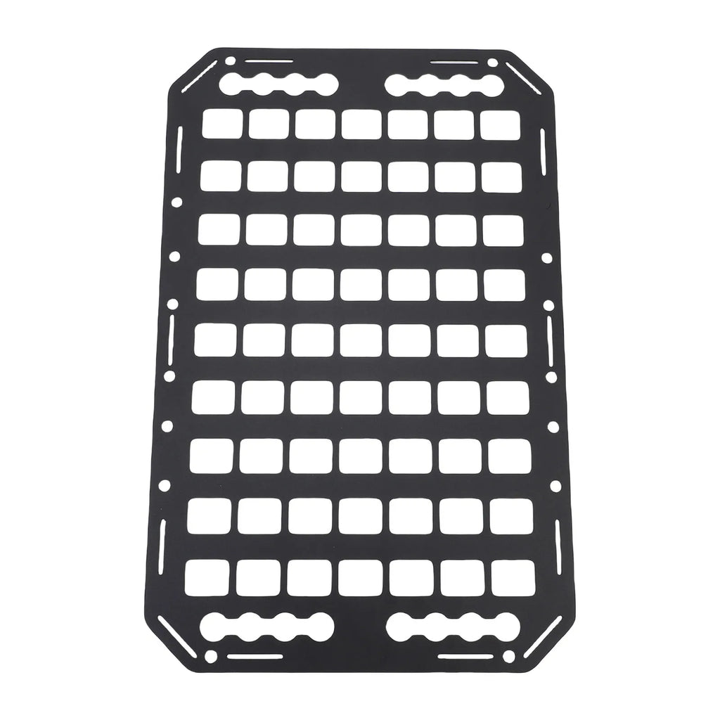 Aluminium alloy truck bed Molle panel with L-track storage organizer for car, SUV, and RV, featuring multiple mounting points.
