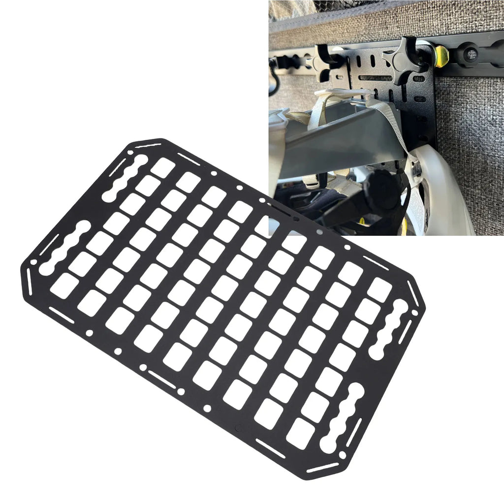Aluminium alloy truck bed Molle panel with multiple L-track slots for car, SUV, and RV storage organization and accessories.