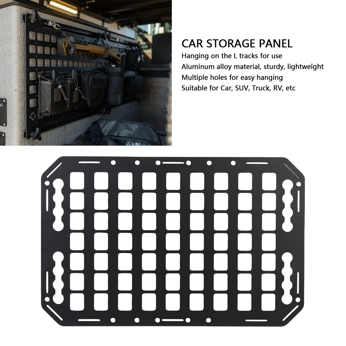 Aluminum alloy truck bed MOLLE panel with multiple L-track slots for storage organization in car, SUV, or RV.