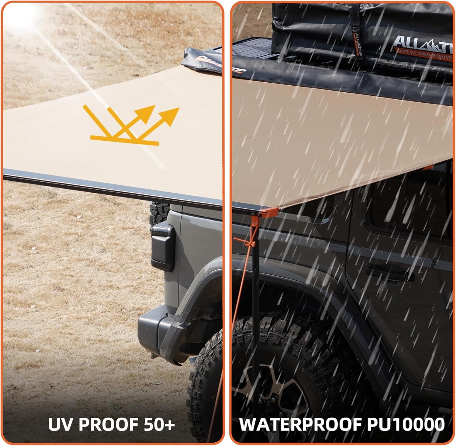 4XNation vehicle awning 8.2x10 ft roof rack pull-out sun shade, weatherproof UV50+ side awning for camping and overlanding.