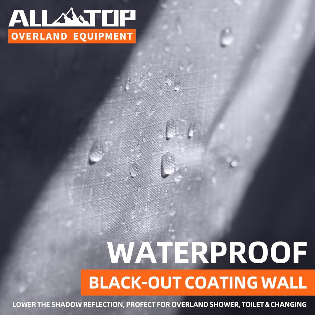 4XNation awning shower room with foldable floor mat, privacy shelter, roof, LED light, drain pipe, carside bathroom setup.