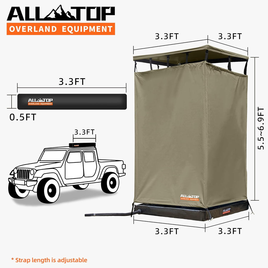 4XNation awning shower room with foldable floor mat, roof, LED light, drain pipe, and privacy shelter for outdoor carside bathroom use.