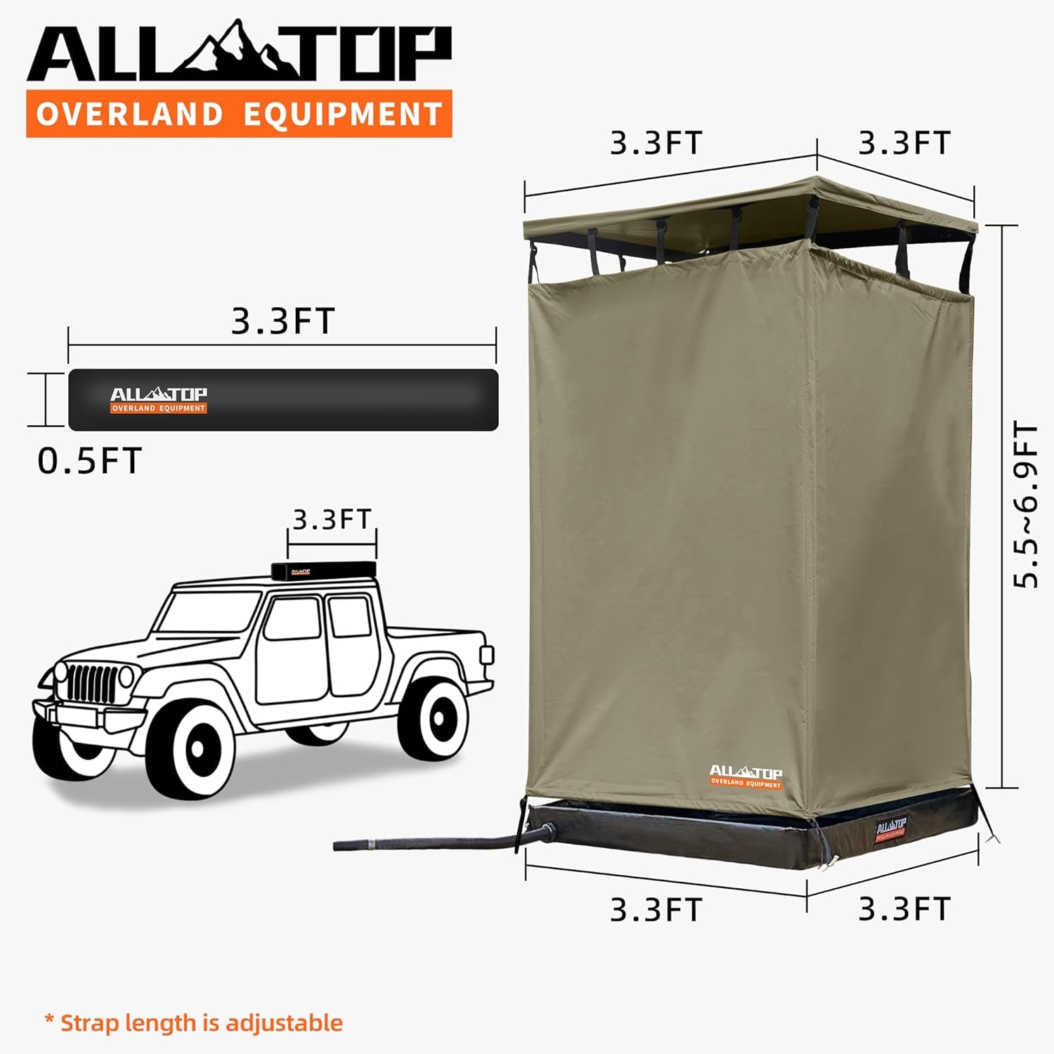 4XNation awning shower room with foldable floor mat, roof, LED light, drain pipe, and privacy shelter for outdoor carside bathroom use.