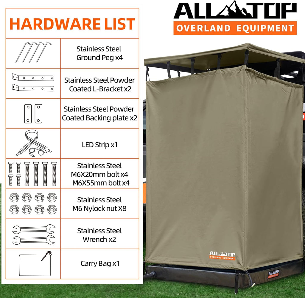 4XNation awning shower room with foldable floor mat, privacy shelter, roof, LED light, drain pipe, suitable for carside bathroom use.