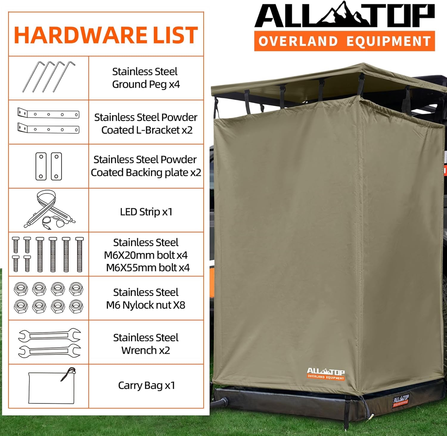 4XNation awning shower room with foldable floor mat, privacy shelter, roof, LED light, drain pipe, suitable for carside bathroom use.