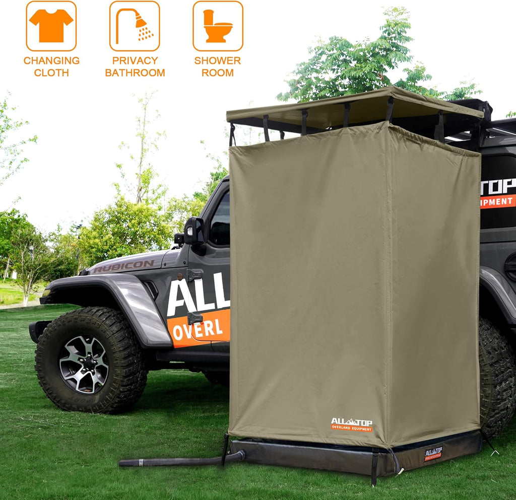 4XNation awning shower room with foldable floor mat, roof, LED light, drain pipe, carside privacy shelter for outdoor bathroom use.