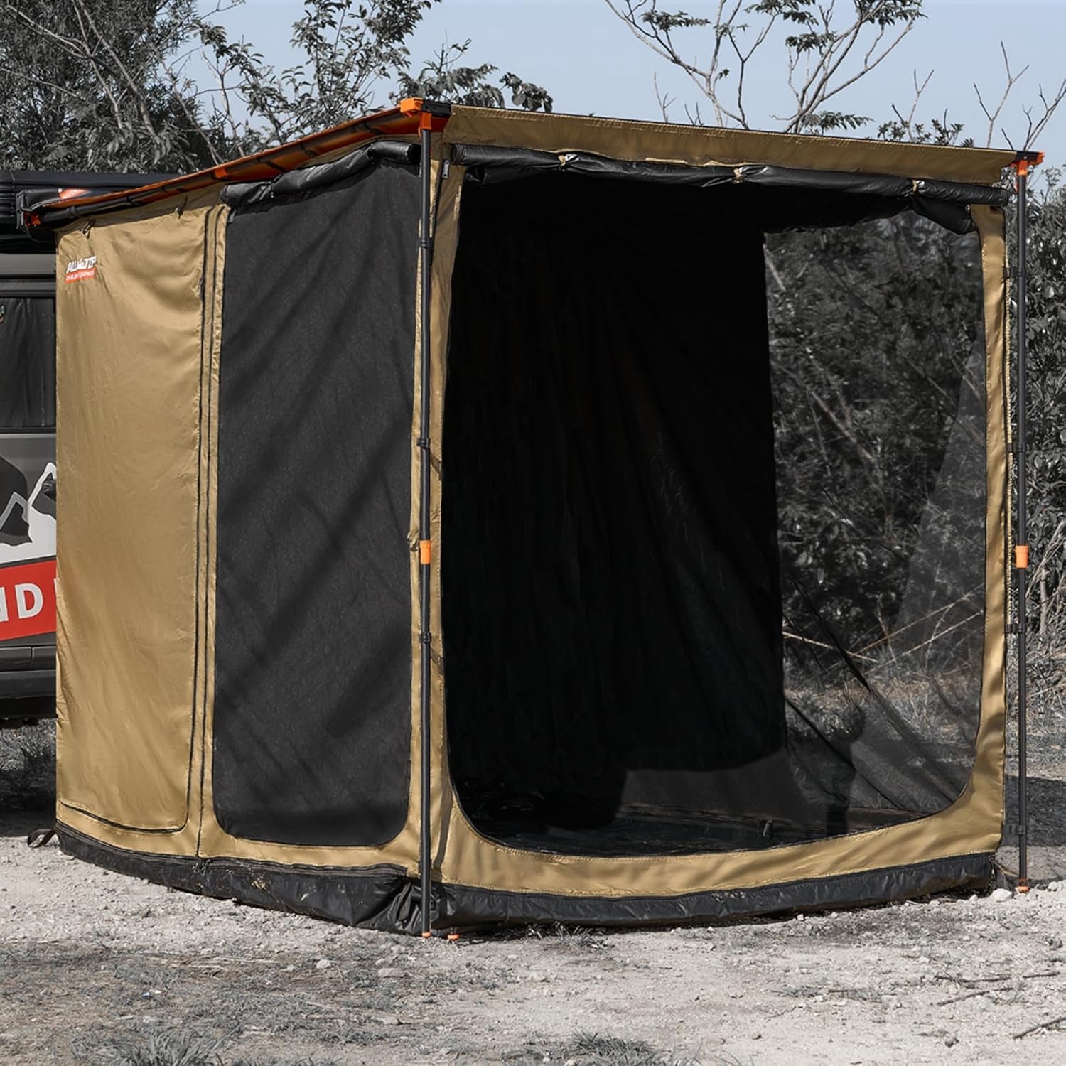 4XNation black awning room with floor, 8.2' x 10', rip-stop 210D Oxford fabric, bug-resistant mesh, waterproof sun shelter for camping