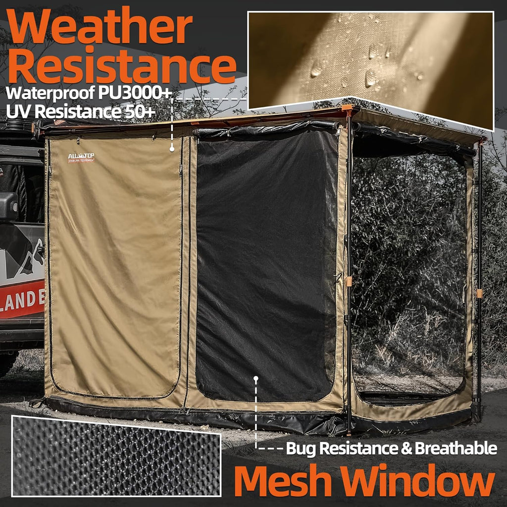 4XNation black awning room with floor, 8.2' x 10' rip-stop 210D Oxford fabric, waterproof sun shelter with bug-resistant mesh for camping