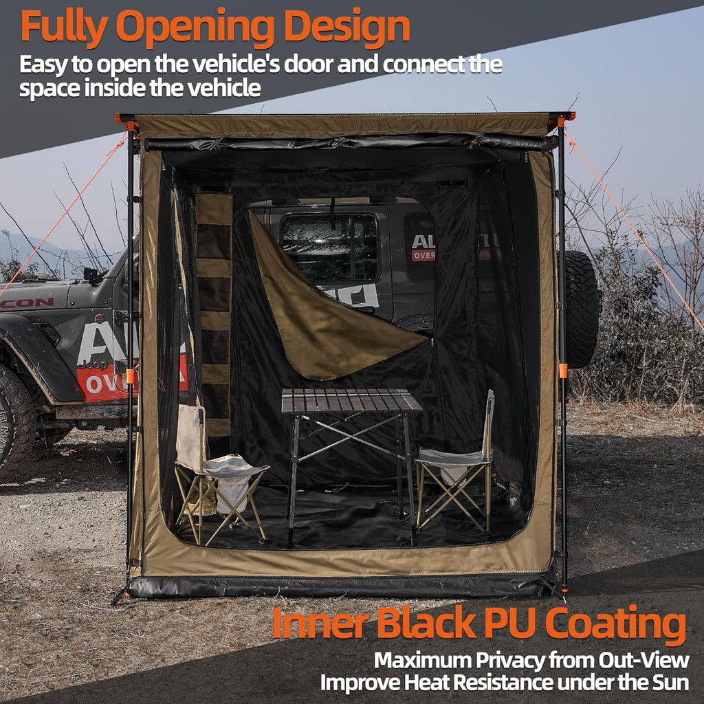 4XNation black awning room with floor, 8.2' x 10', rip-stop 210D Oxford fabric, bug-resistant mesh, waterproof sun shelter for camping