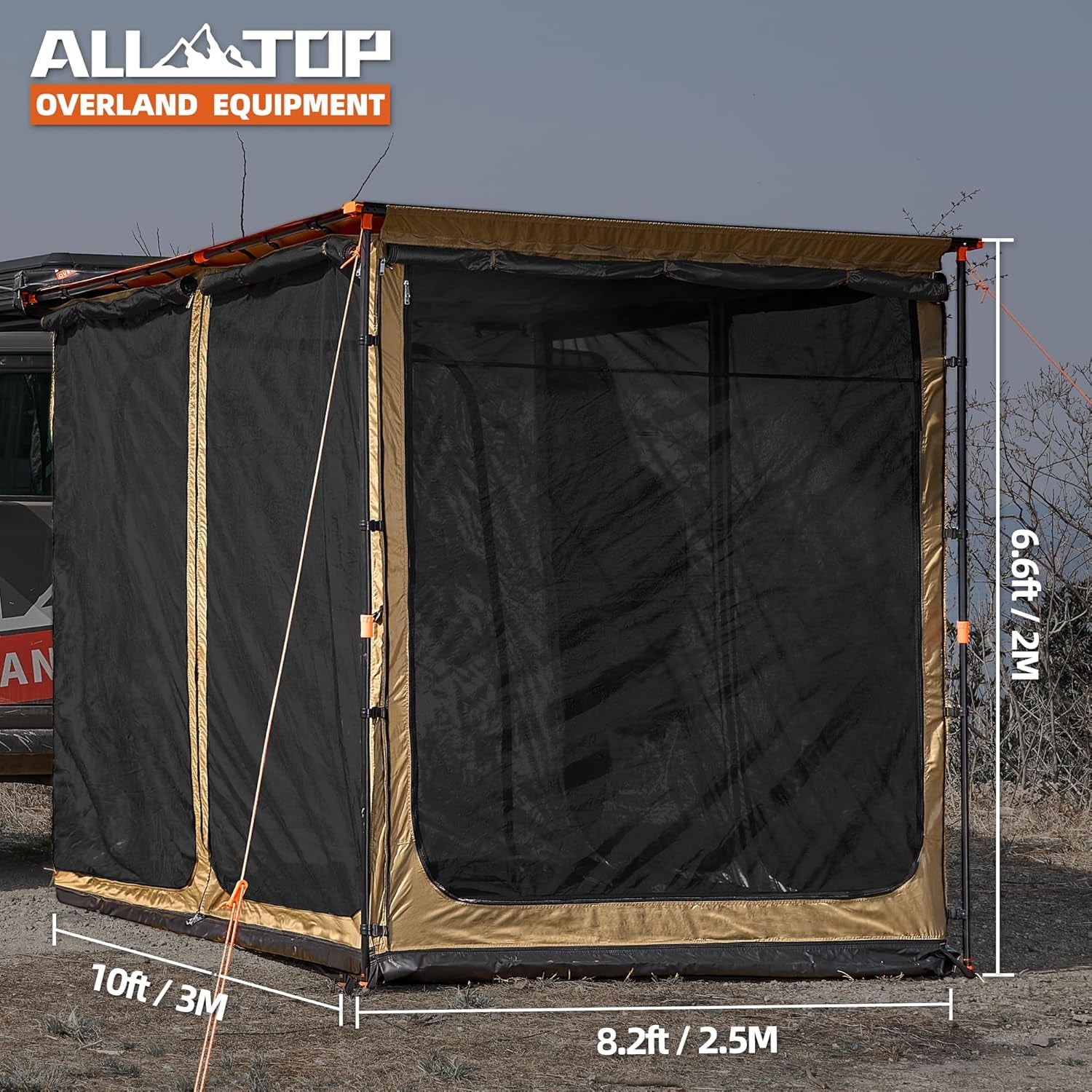 4XNation black awning room with floor, 8.2x10 ft rip-stop Oxford tent, bug-resistant mesh, waterproof sun shelter for camping and overland.