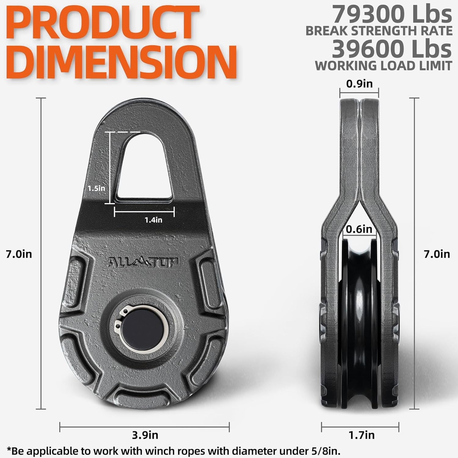 Forged 4XNation 18-ton snatch block pulley system with E-coating for synthetic rope or steel cable recovery winch.