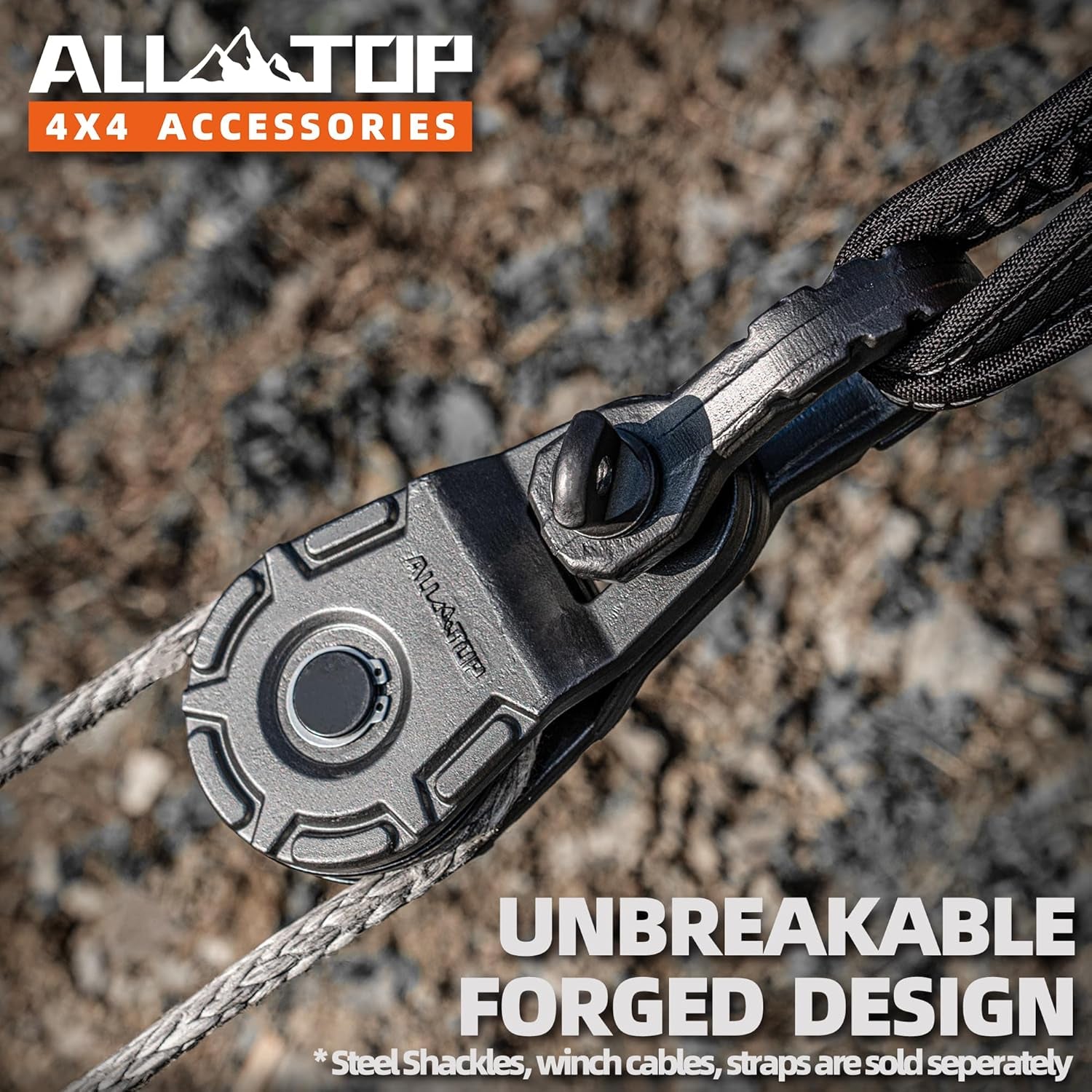 Forged 4XNation Snatch Block for 18-ton load, recovery winch pulley system with E-coated finish for synthetic rope or steel cable.