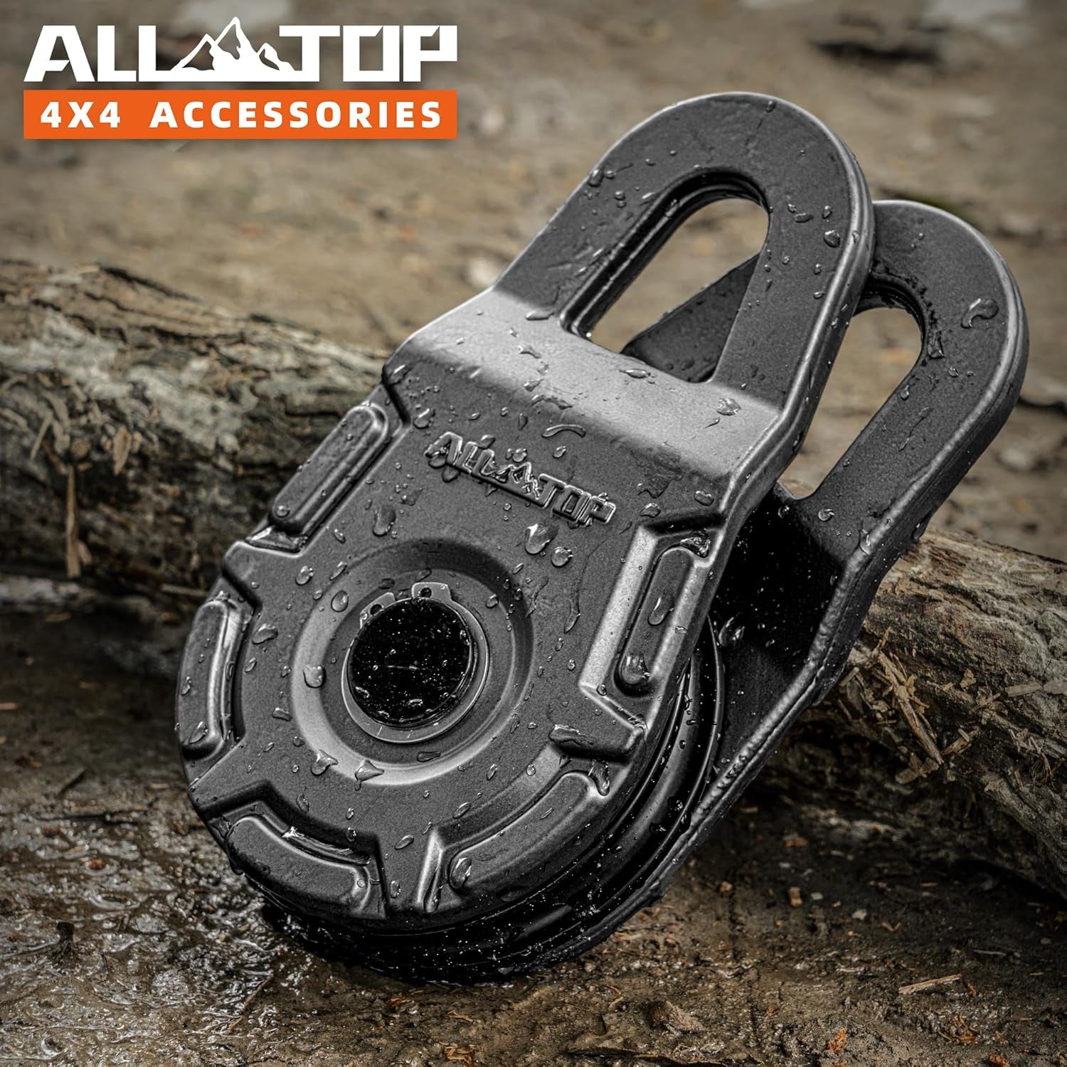 Forged 4XNation snatch block pulley system with 18-ton load capacity, E-coated finish, for synthetic rope or steel cable.