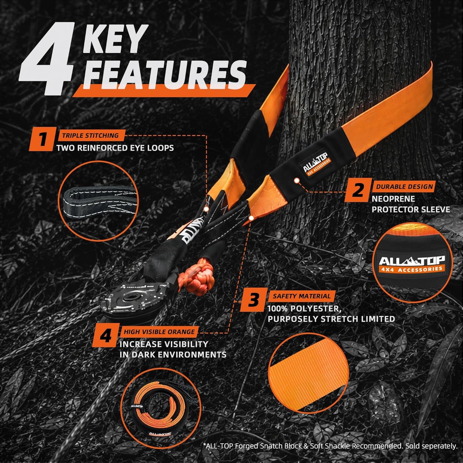 Orange 4XNation Tree Saver Strap, 3-inch x 8-foot recovery tow strap with carry bag, certified for 36,000 lbs break strength.