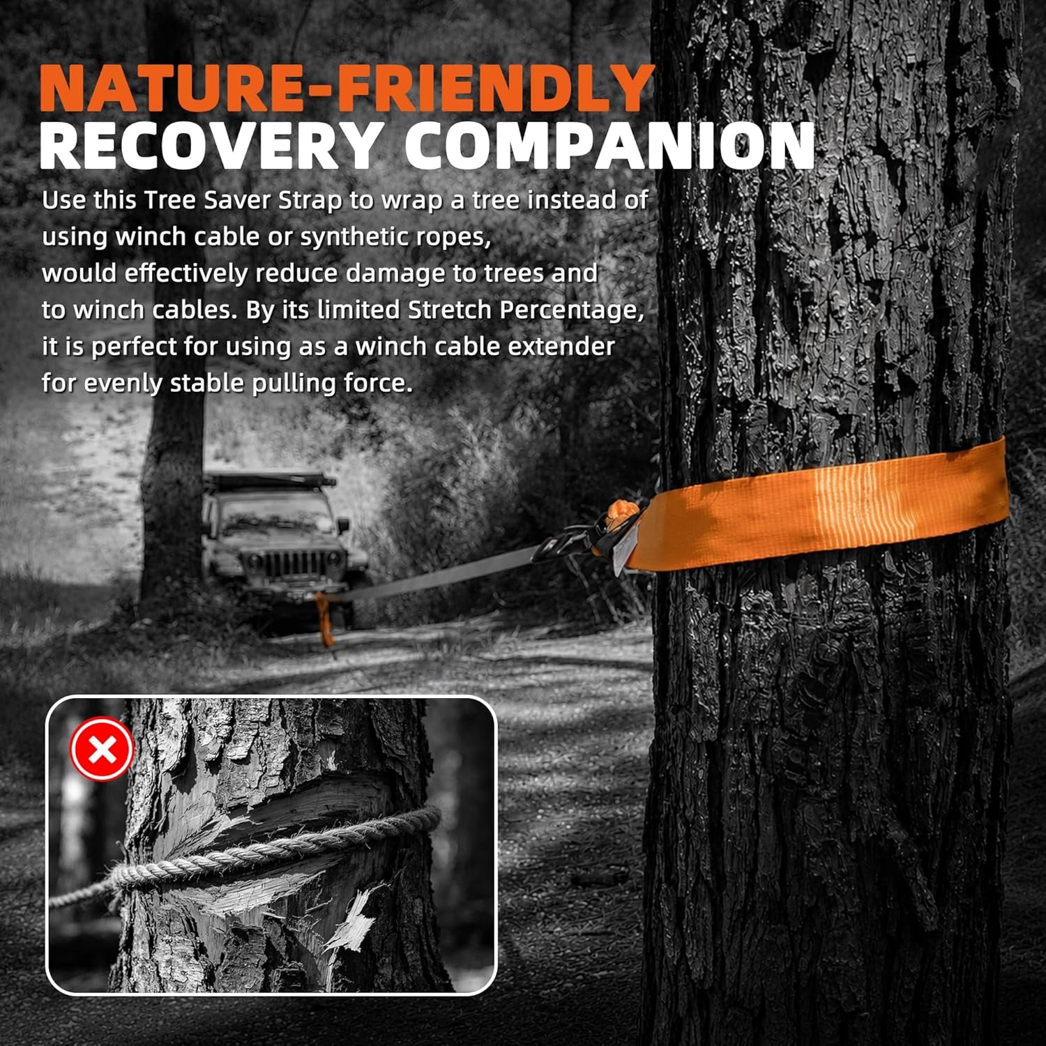 Orange 4XNation Tree Saver Strap, 3-inch x 8ft recovery tow strap with carry bag, rated 36,000 lbs break strength for winch extension.