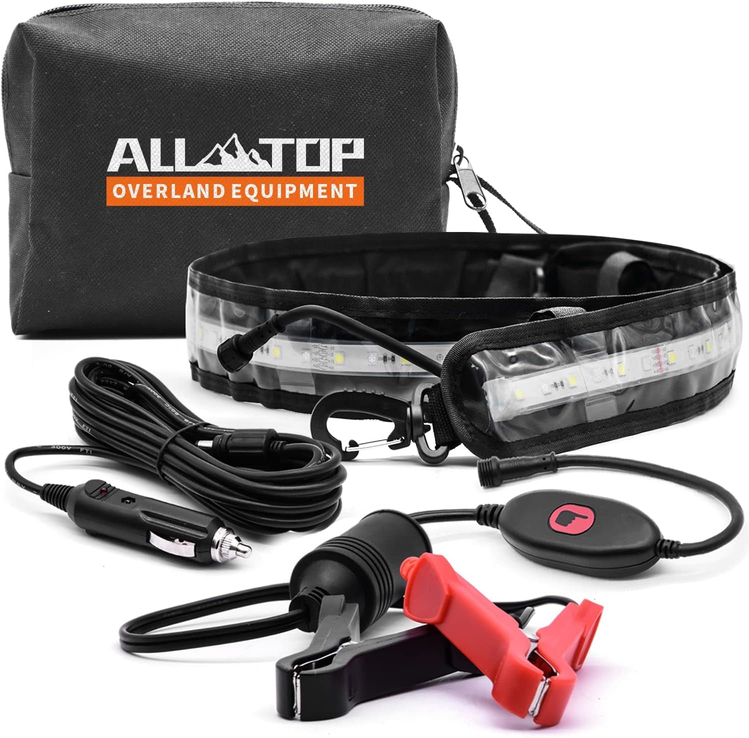 Dimmable LED camping light strip by 4XNation with mounting jacket, 1300 lumens, flexible, waterproof IP68, ideal for RV and overland camping.